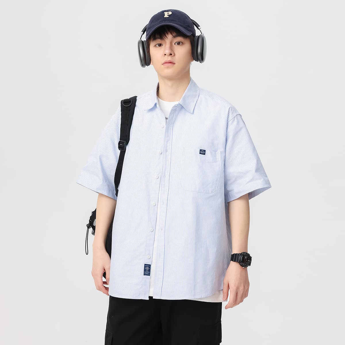 ストライプシャツ ゆったり半袖ストライプシャツ