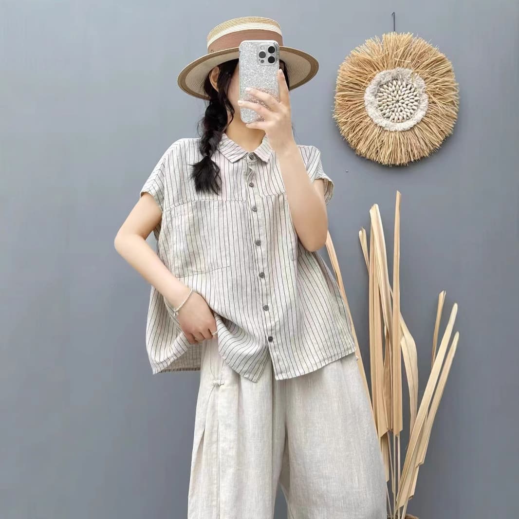 ストライプシャツ ノースリーブ細縞ゆったりシャツ