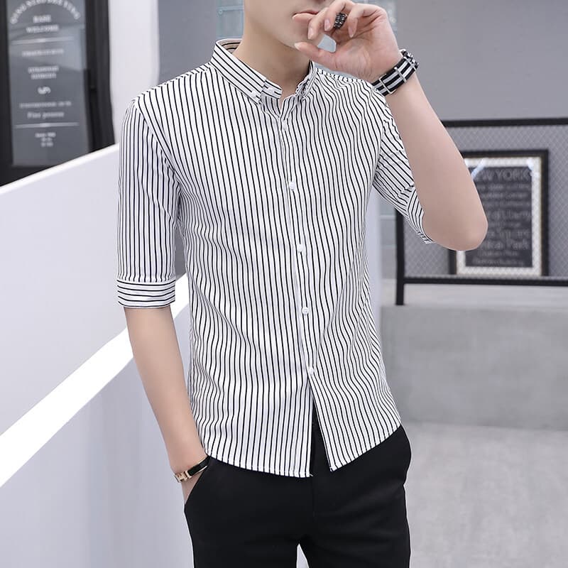 ストライプシャツ 五分袖ストライプ柄スタンドカラーシャツ