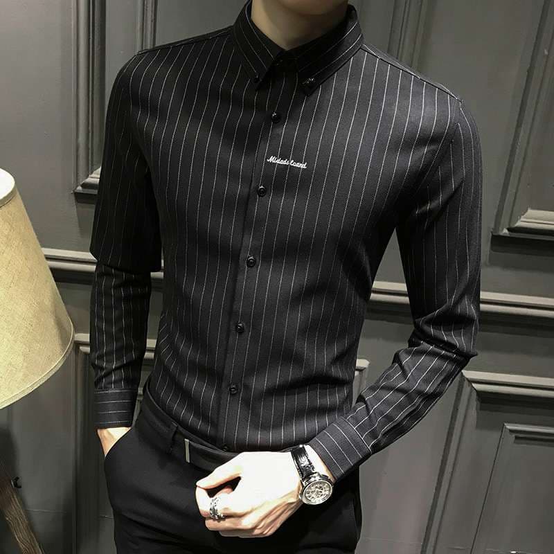 ストライプ シャツ ストライプ柄 スリム襟付きシャツ