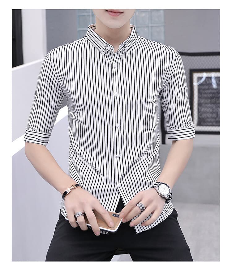 ストライプシャツ 五分袖ストライプ柄スタンドカラーシャツ