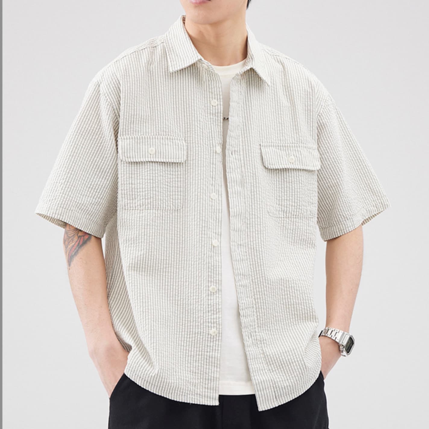 夏向き 薄手 サマーストライプ シャツ