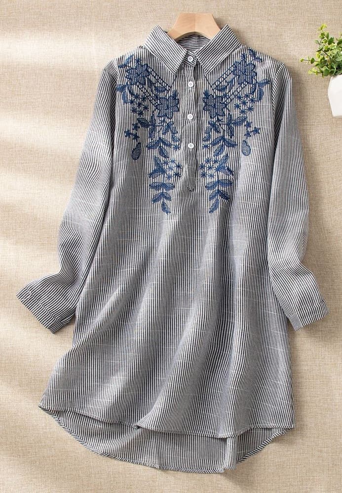 ストライプ シャツ 花刺繍入り長袖ストライプシャツ