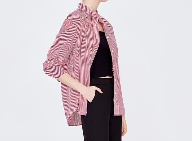 ストライプシャツ 縦縞柄スタンドカラーシャツ