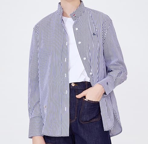 ストライプシャツ 縦縞柄スタンドカラーシャツ