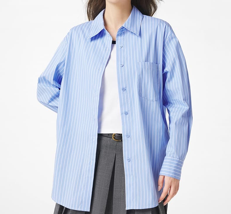 ストライプシャツ ゆったり襟付きストライプ長袖シャツ