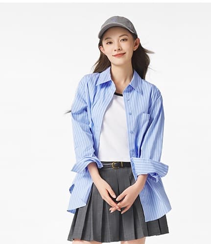 ストライプシャツ ゆったり襟付きストライプ長袖シャツ