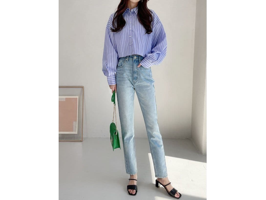 ストライプシャツ シンプル縦縞シャツ 女性用クロップド丈