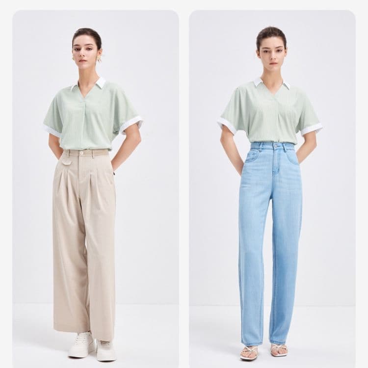 ストライプシャツ 清楚感漂う白襟半袖ストライプシャツ