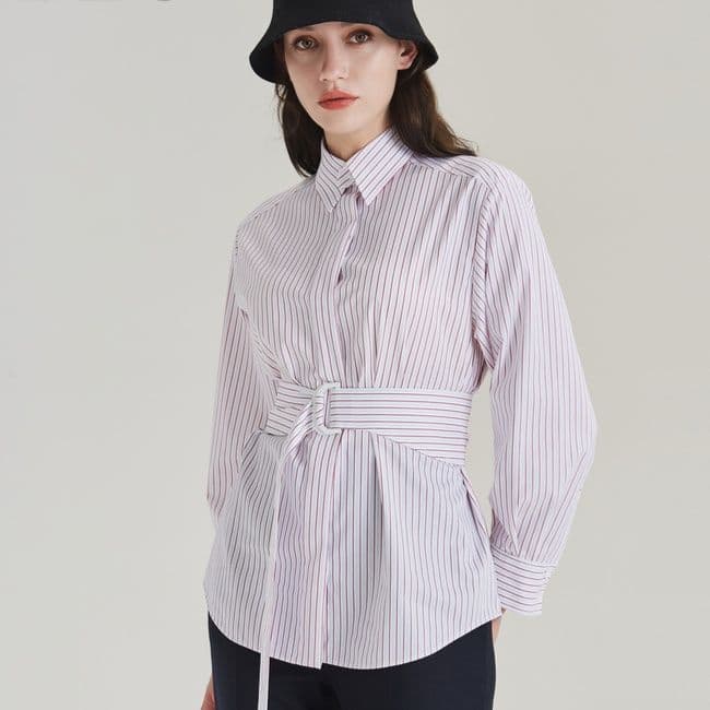 ストライプシャツ 優美ウエストリボン縦縞シャツ