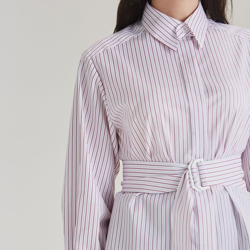ストライプシャツ 優美ウエストリボン縦縞シャツ
