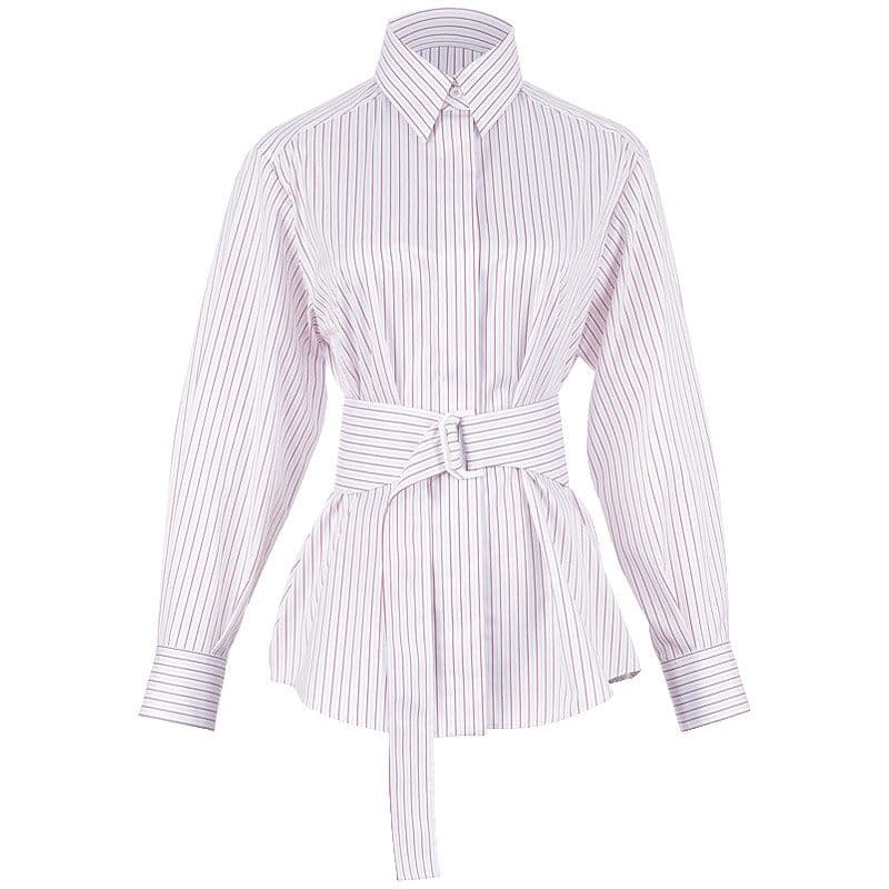 ストライプシャツ 優美ウエストリボン縦縞シャツ