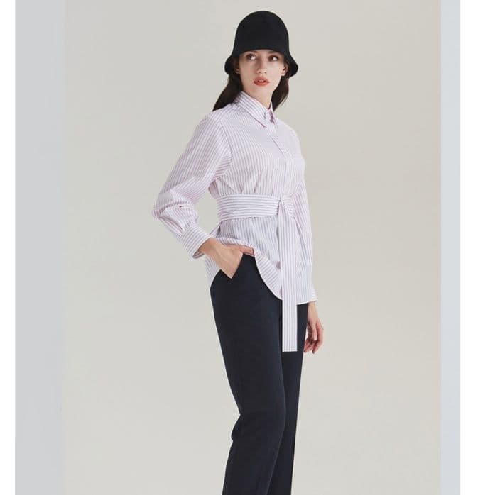 ストライプシャツ 優美ウエストリボン縦縞シャツ