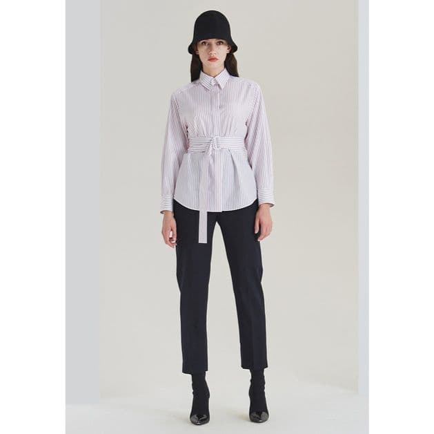 ストライプシャツ 優美ウエストリボン縦縞シャツ