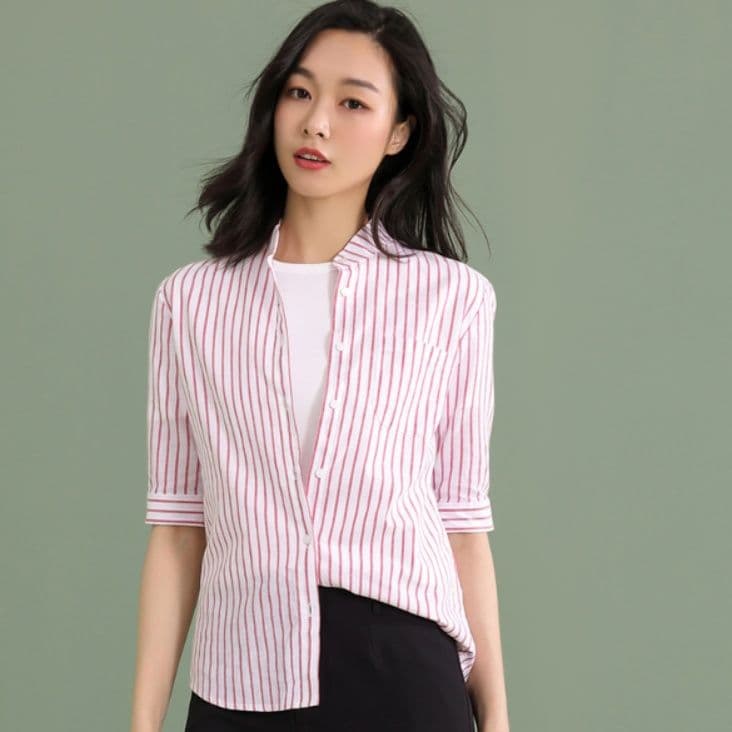 ストライプシャツ 涼やかストライプ五分袖シャツ