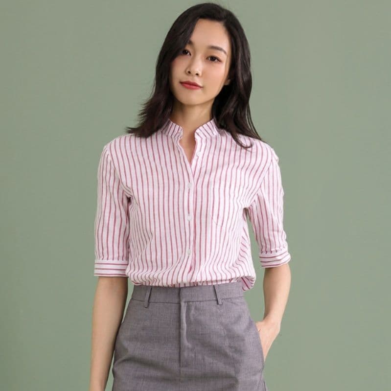 ストライプシャツ 涼やかストライプ五分袖シャツ