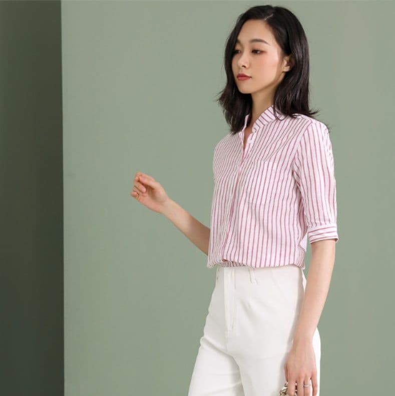 ストライプシャツ 涼やかストライプ五分袖シャツ