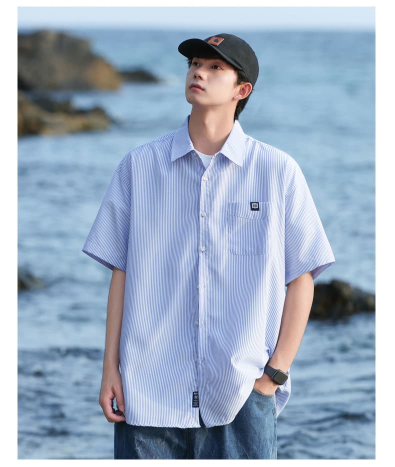 ストライプシャツ 爽やか細縞ワイドシルエット半袖シャツ