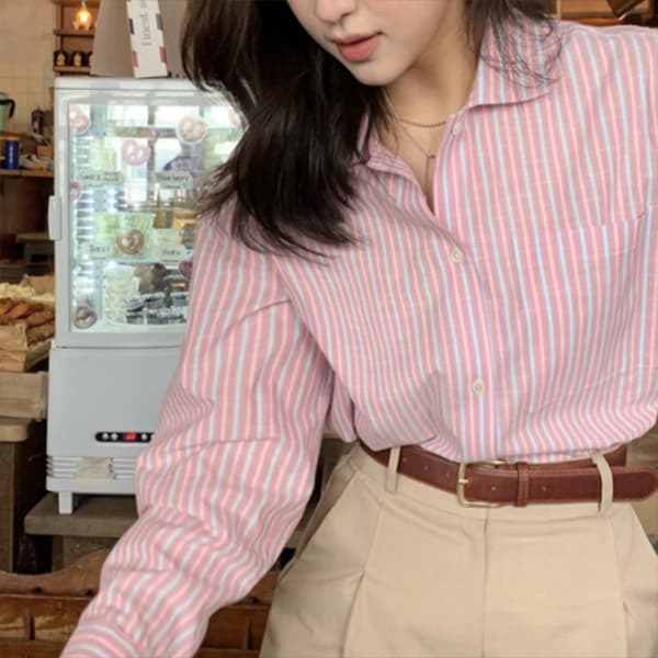 新作ストライプシャツ ピンク白 襟付き長袖ブラウス カジュアル