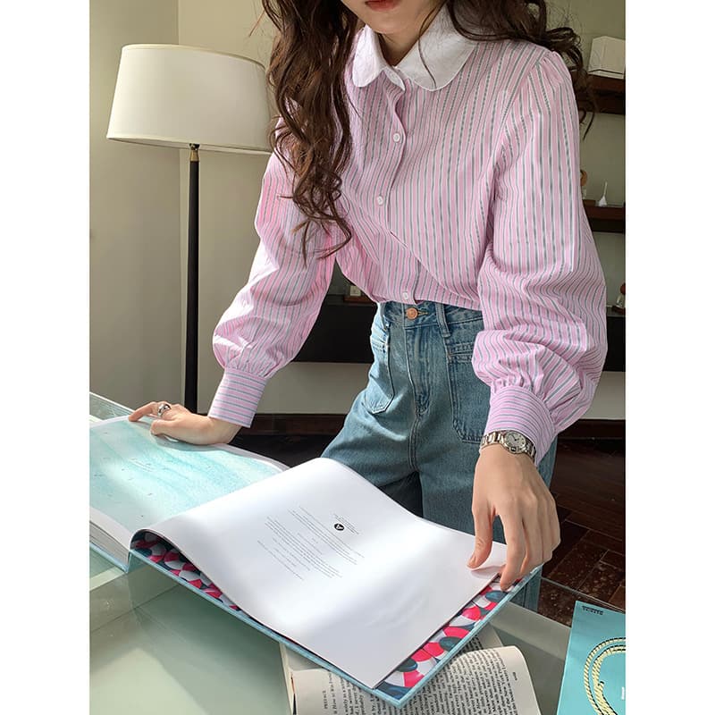 ストライプ シャツ クラシカル ピーターパン ストライプブラウス