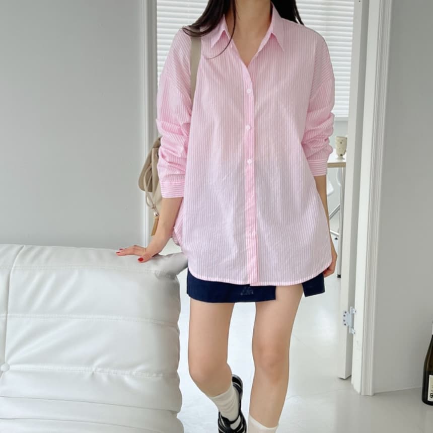ストライプシャツ 縦縞ゆったりシャツ