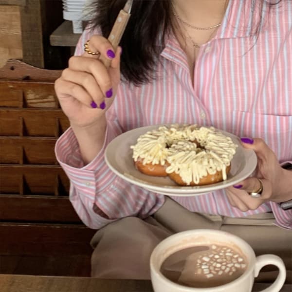 新作ストライプシャツ ピンク白 襟付き長袖ブラウス カジュアル