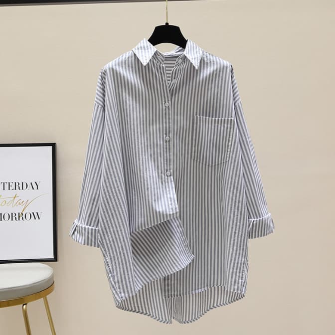 レディース ストライプシャツ 長袖 体型カバー ロング丈 ブラウス