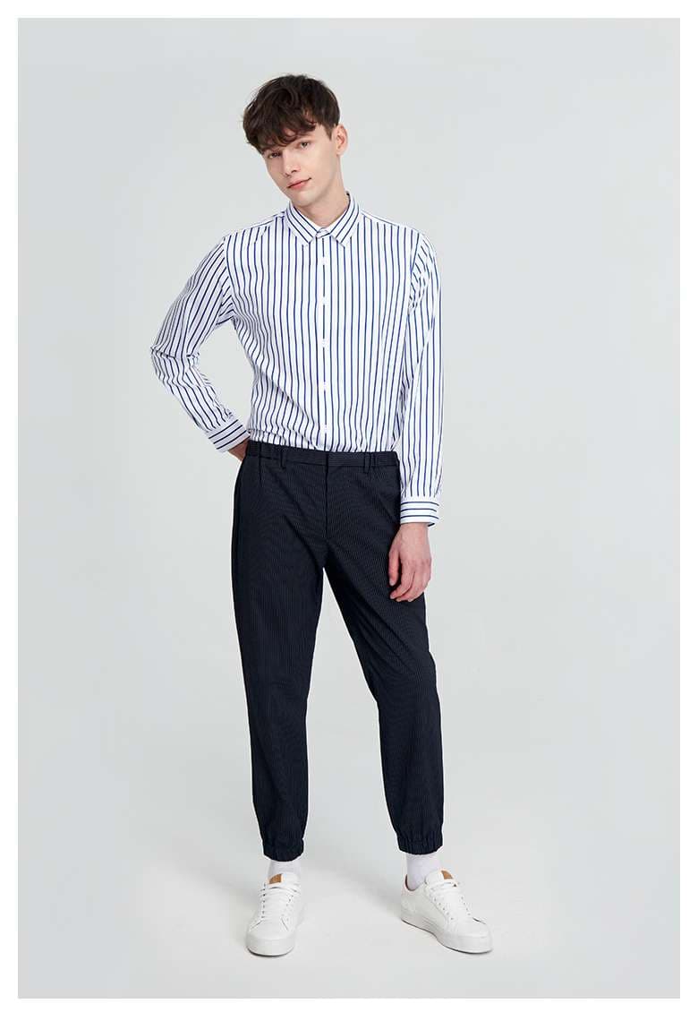 ストライプ シャツ ストライプ柄 スタンドカラー シャンブレーシャツ