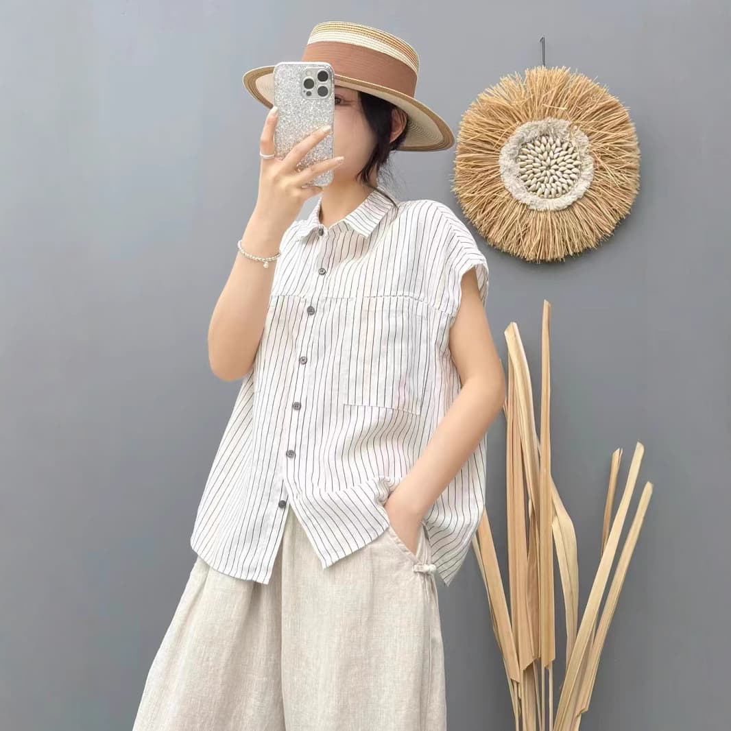 ストライプシャツ ノースリーブ細縞ゆったりシャツ