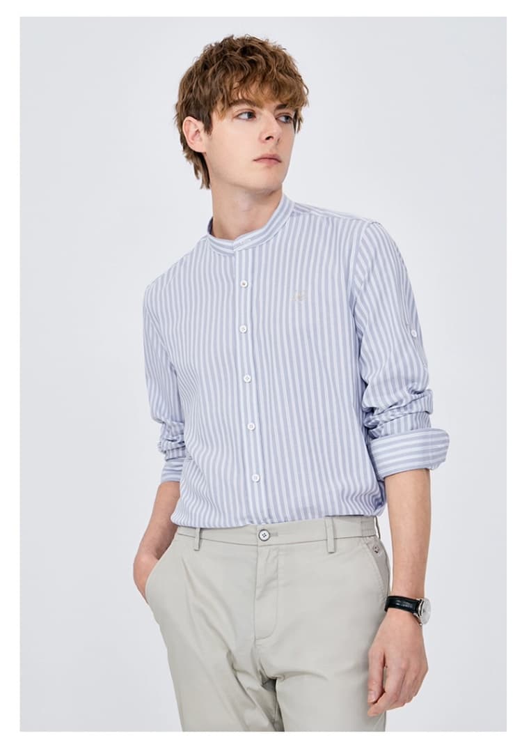 ストライプシャツ スタンドカラー縦縞シャツ