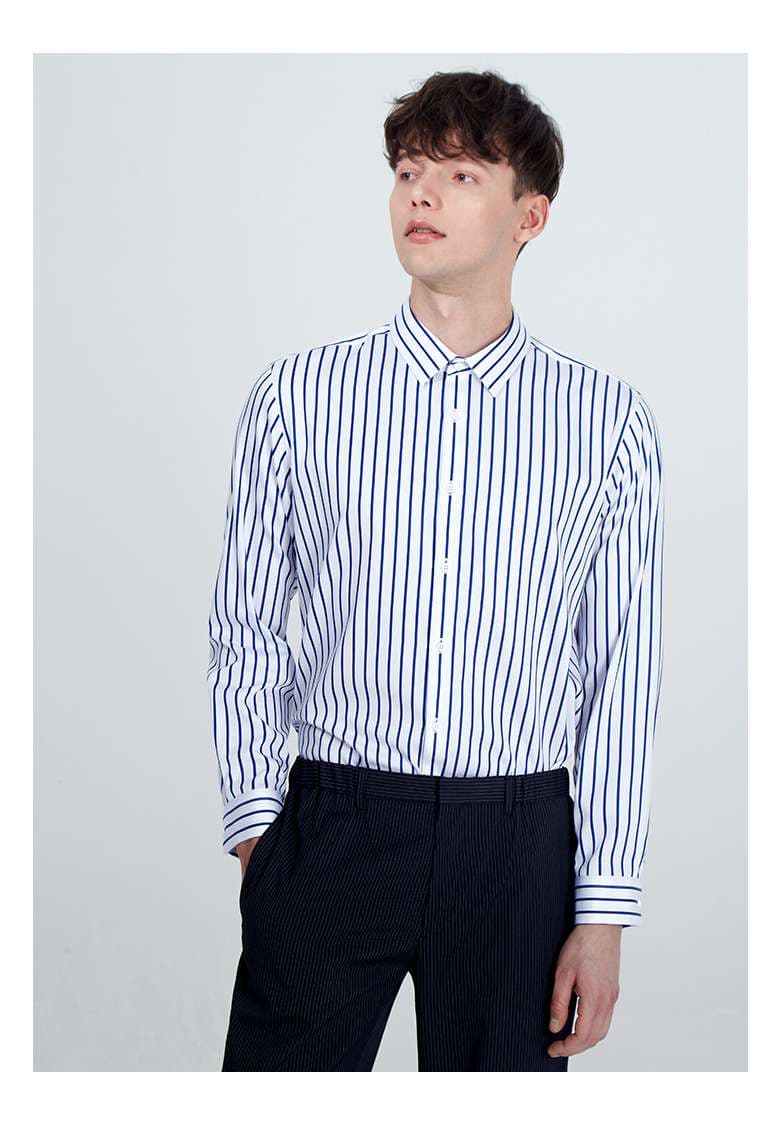 ストライプ シャツ ストライプ柄 スタンドカラー シャンブレーシャツ