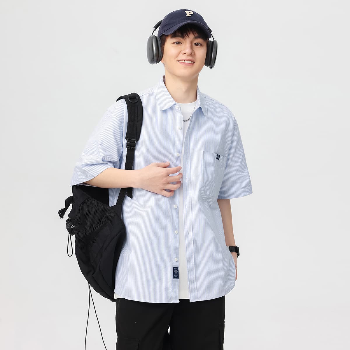 ストライプシャツ ゆったり半袖ストライプシャツ