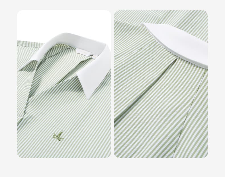 ストライプシャツ 清楚感漂う白襟半袖ストライプシャツ