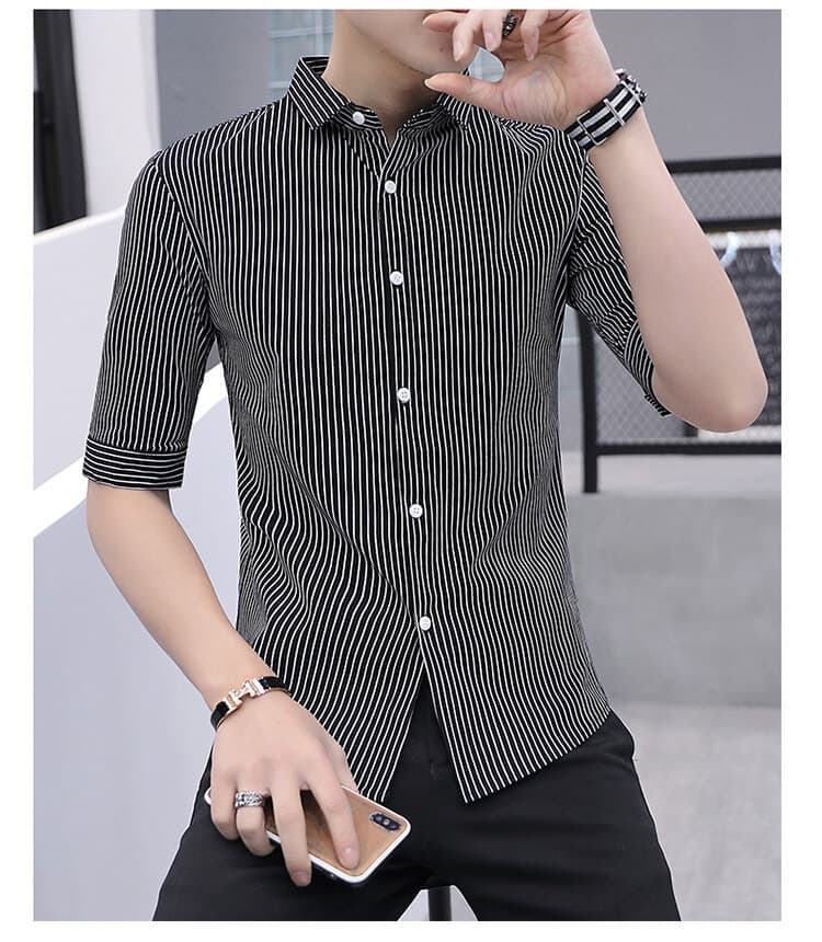 ストライプシャツ 五分袖ストライプ柄スタンドカラーシャツ
