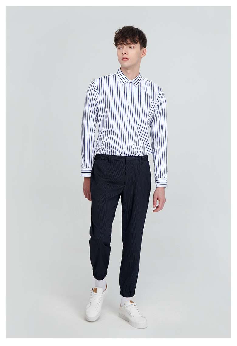 ストライプ シャツ ストライプ柄 スタンドカラー シャンブレーシャツ