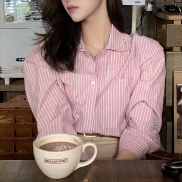 新作ストライプシャツ ピンク白 襟付き長袖ブラウス カジュアル