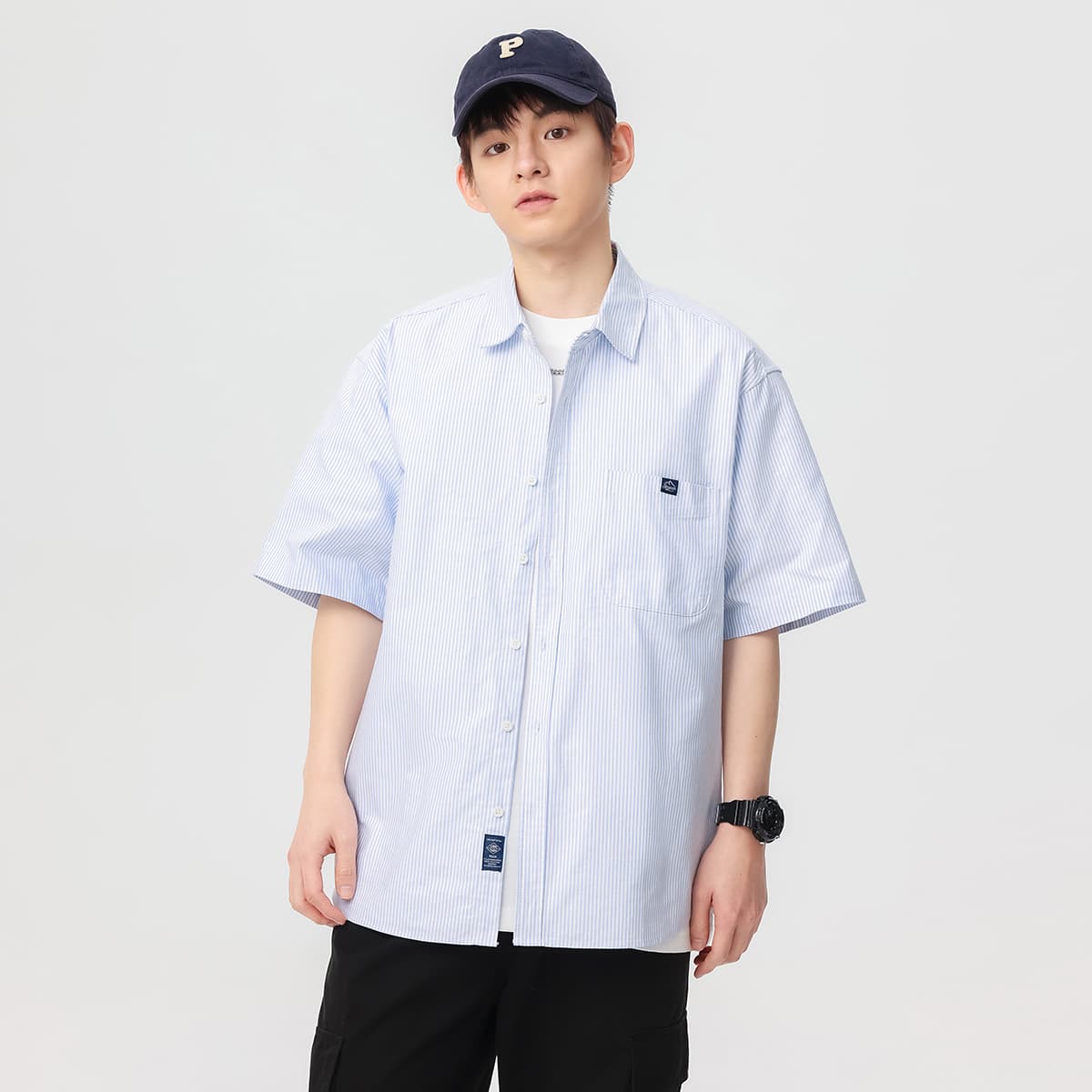 ストライプシャツ ゆったり半袖ストライプシャツ