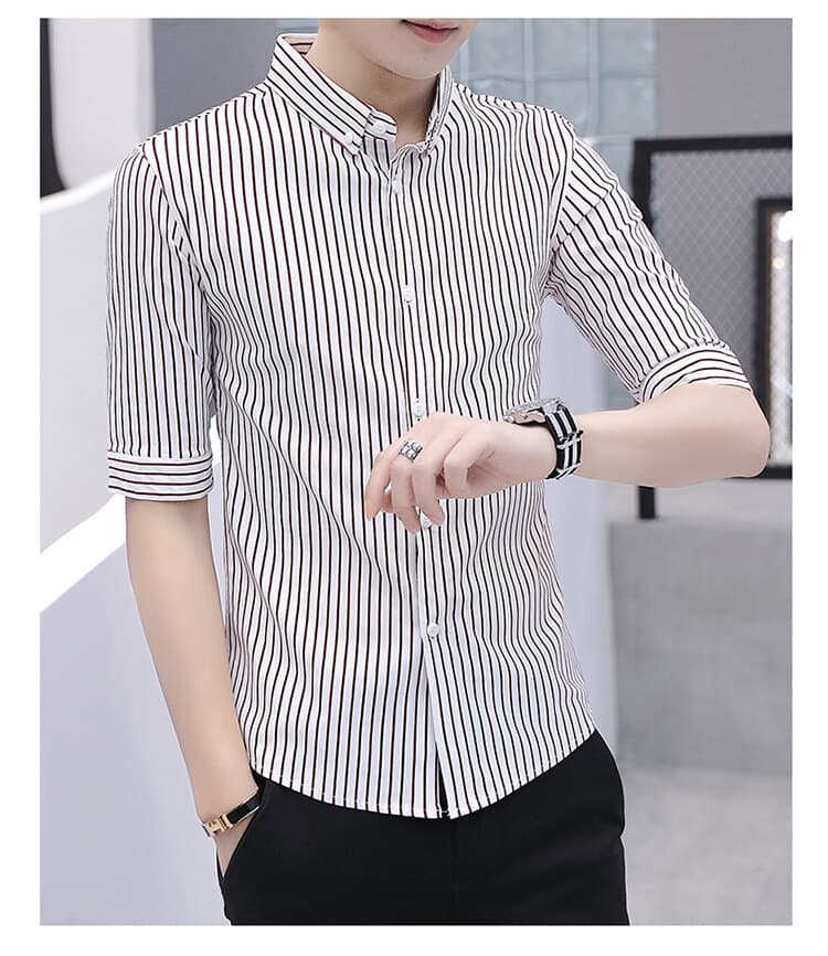 ストライプシャツ 五分袖ストライプ柄スタンドカラーシャツ