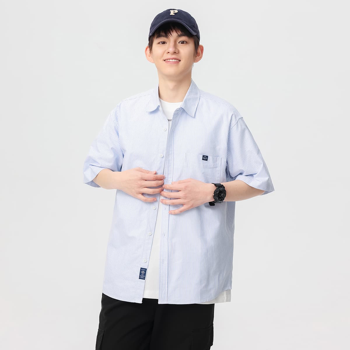 ストライプシャツ ゆったり半袖ストライプシャツ