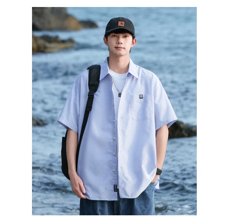 ストライプシャツ 爽やか細縞ワイドシルエット半袖シャツ