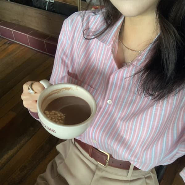 新作ストライプシャツ ピンク白 襟付き長袖ブラウス カジュアル