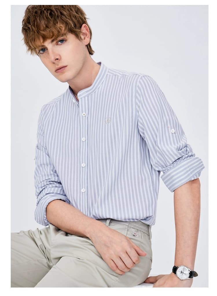 ストライプシャツ スタンドカラー縦縞シャツ