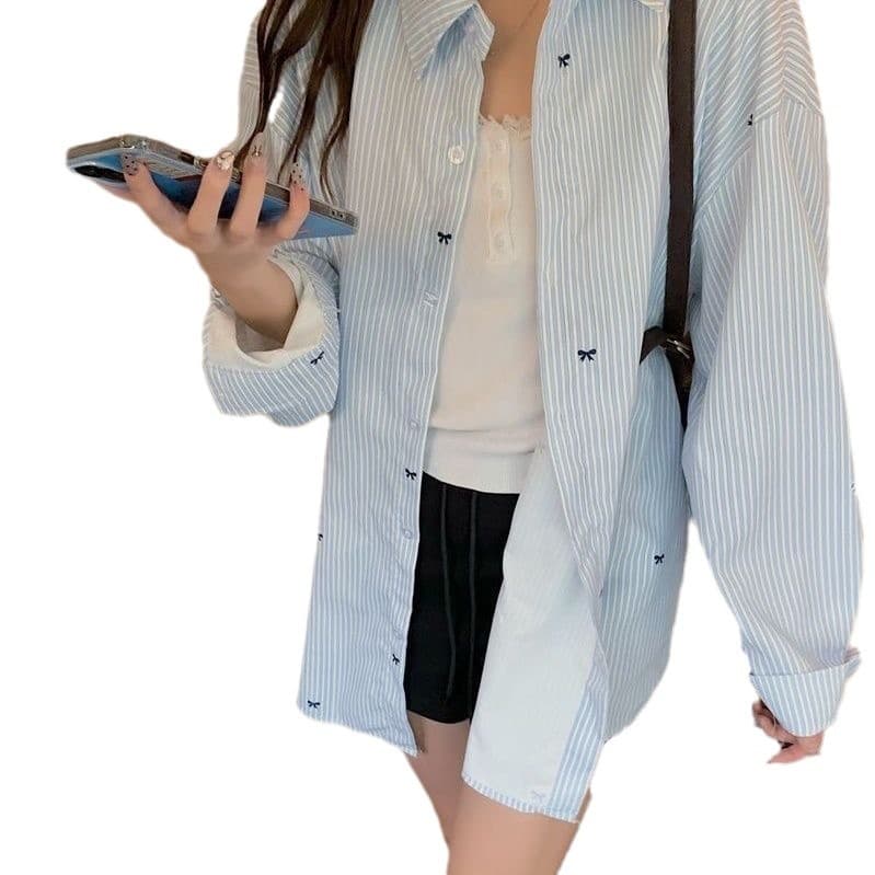 ストライプ シャツ リボン柄ストライプ ゆるだぼシャツ