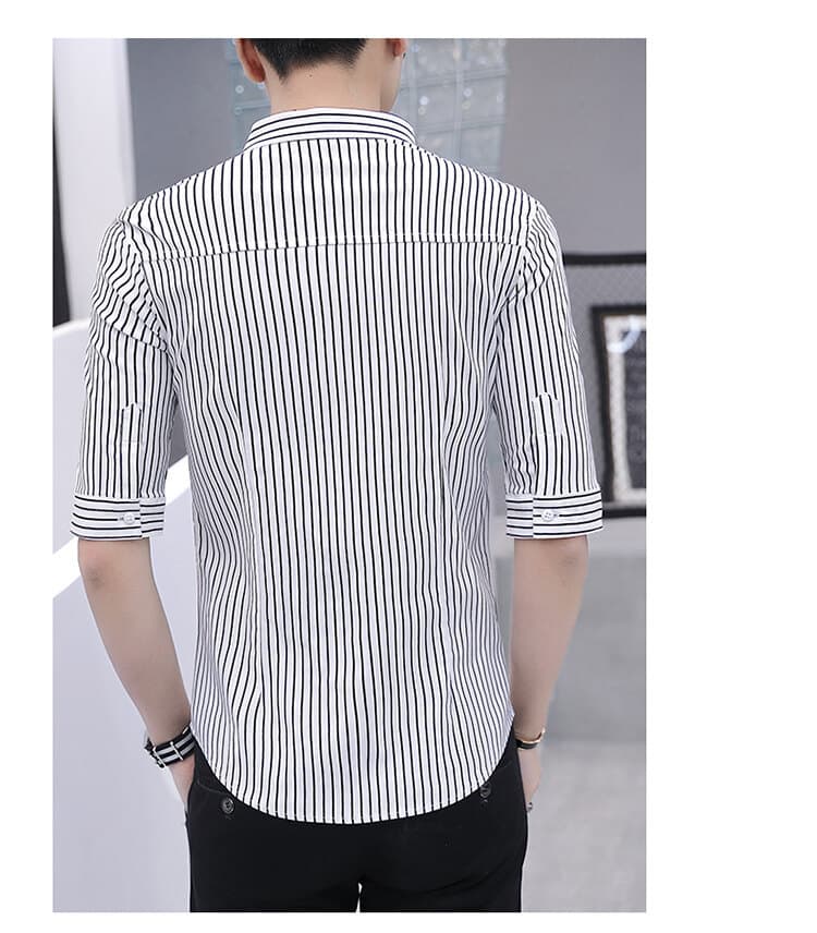 ストライプシャツ 五分袖ストライプ柄スタンドカラーシャツ
