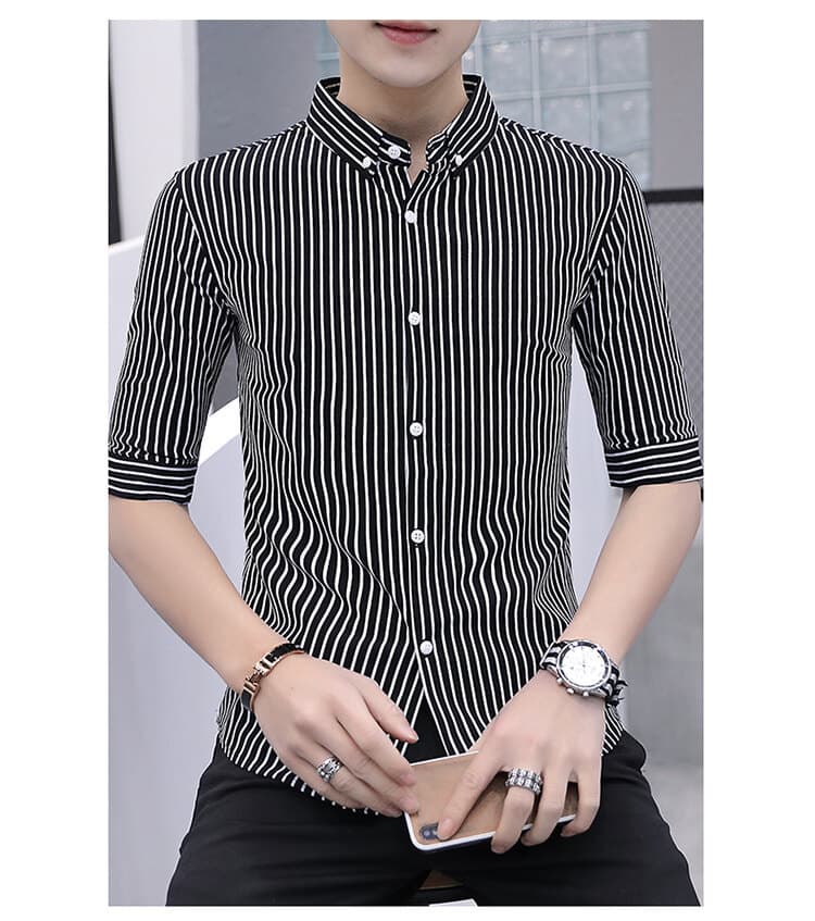 ストライプシャツ 五分袖ストライプ柄スタンドカラーシャツ