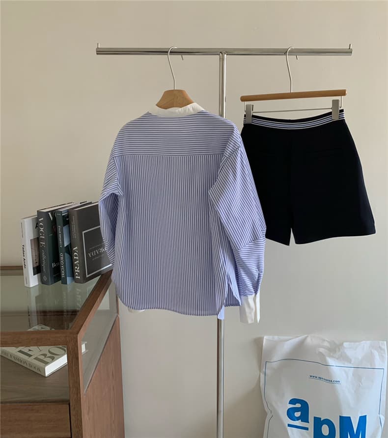 バンドカラー ストライプシャツ 長袖 上品 ブラウス