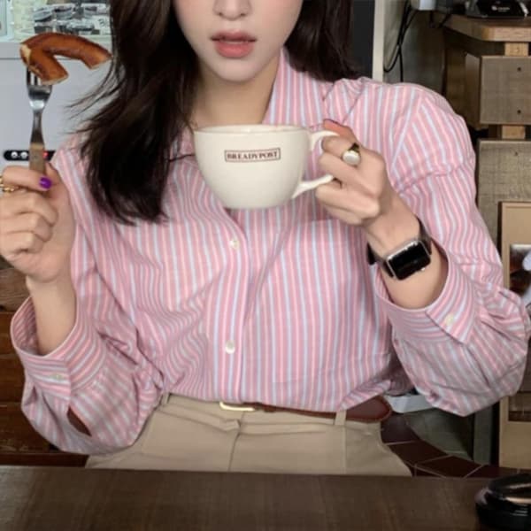 新作ストライプシャツ ピンク白 襟付き長袖ブラウス カジュアル