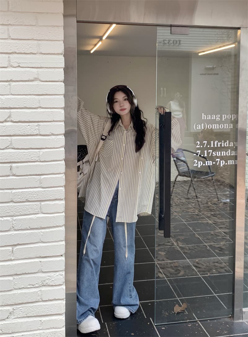 ストライプシャツ 秋新作韓国風ストライプ柄長袖シャツ