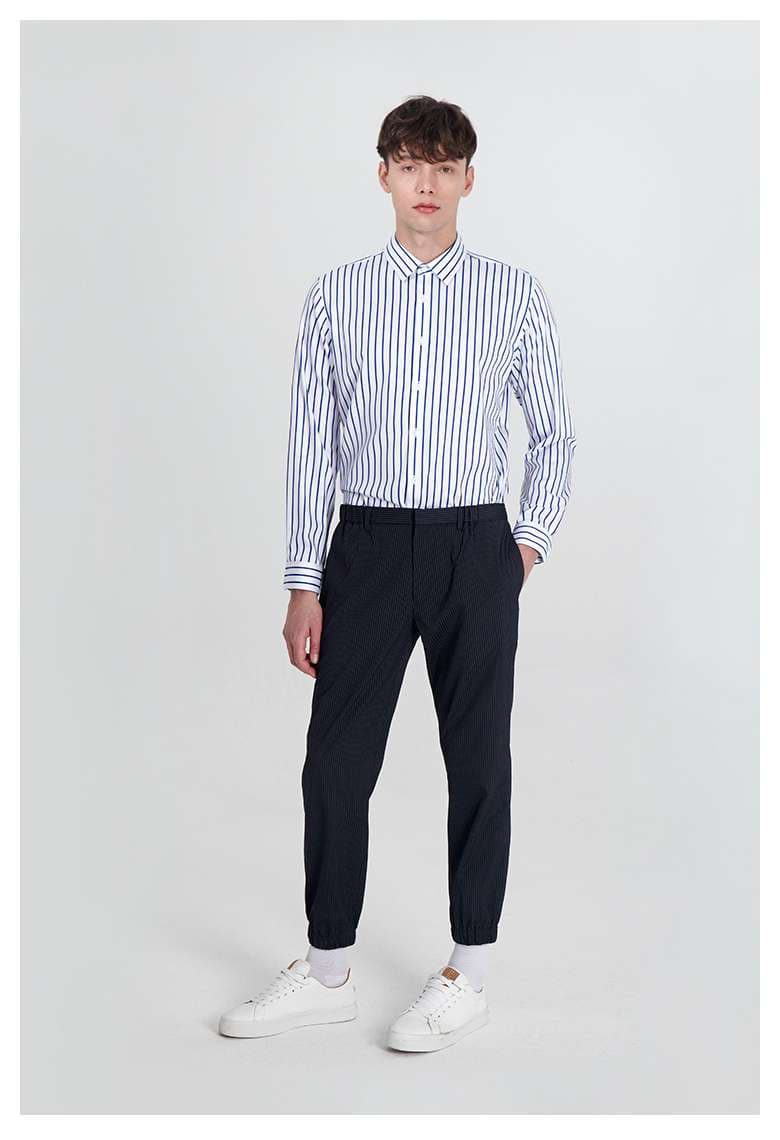 ストライプ シャツ ストライプ柄 スタンドカラー シャンブレーシャツ