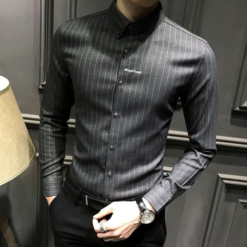 ストライプ シャツ ストライプ柄 スリム襟付きシャツ